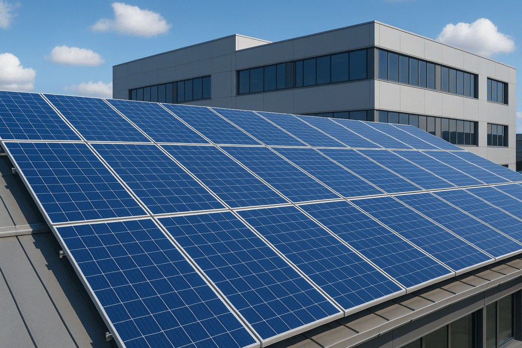 Rooftop solar panels installed on a modern commercial building by Solasta Solutions for efficient solar energy generation.